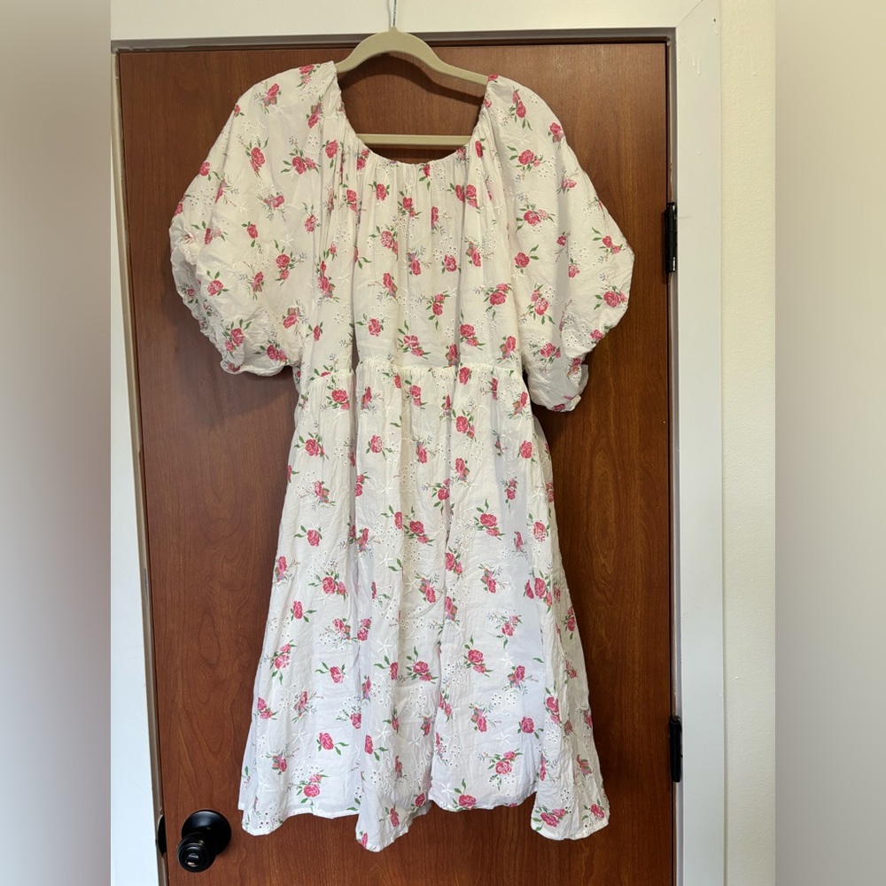 English Factory White and Pink Floral tie back Dress